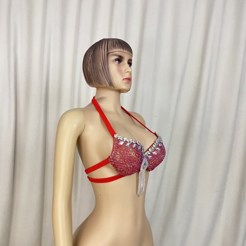 New Style Samba Carnival Handmade Dance Bra Red Color For EDC Festival,Rave Performance