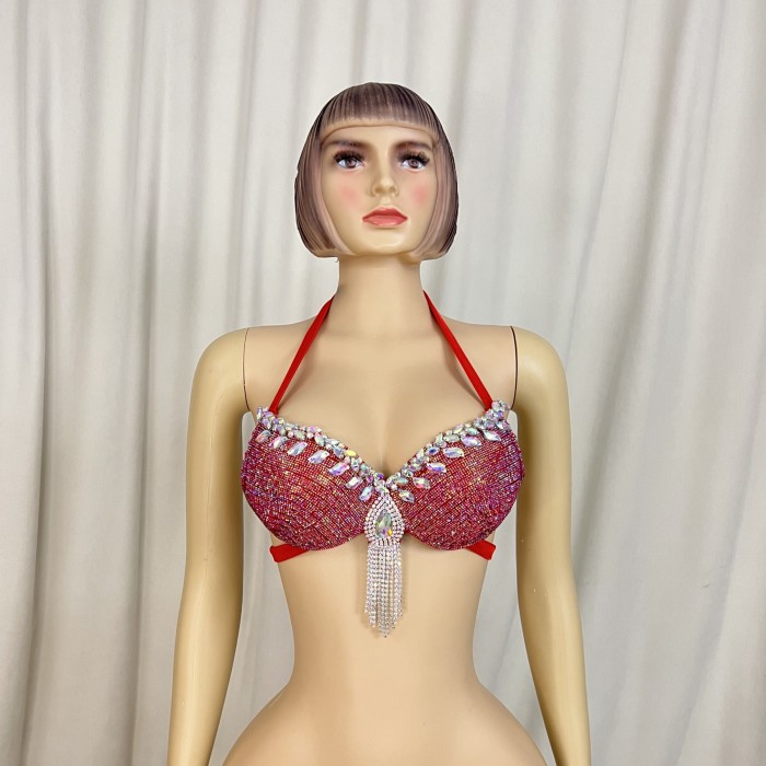 New Style Samba Carnival Handmade Dance Bra Red Color For EDC Festival,Rave Performance