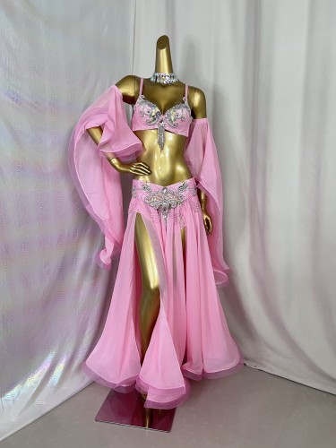 New Style Samba Carnival Handmade Belly Dance Costumes Pink Color Performance Costumes Bra Belt Skirt With Arm Sleeves 5 Piece/Set