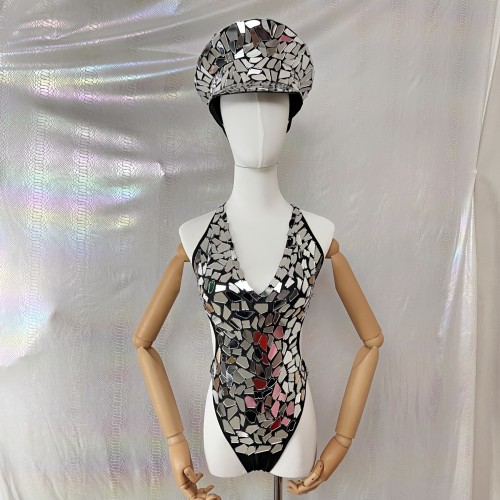 Sexy Samba Carnival Handmade Mirror Stones Bodysuit And Hat For EDC Performance