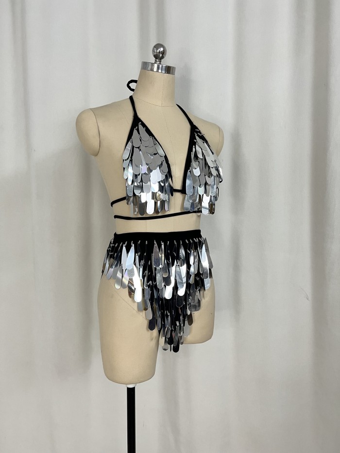 New Style Samba Carnival Handmade Bikini Top And Bottom With Water Droplet Beads For EDC Party,Rave Festival