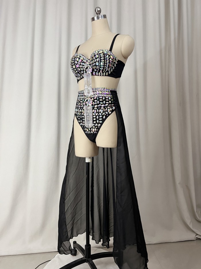 Samba Carnival Performance Set Handmade Rainbow stones Costumes Bra,High Waist Bottom With Skirt 