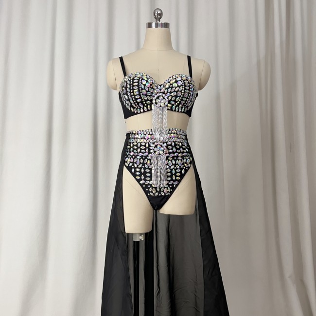 Samba Carnival Performance Set Handmade Rainbow stones Costumes Bra,High Waist Bottom With Skirt 