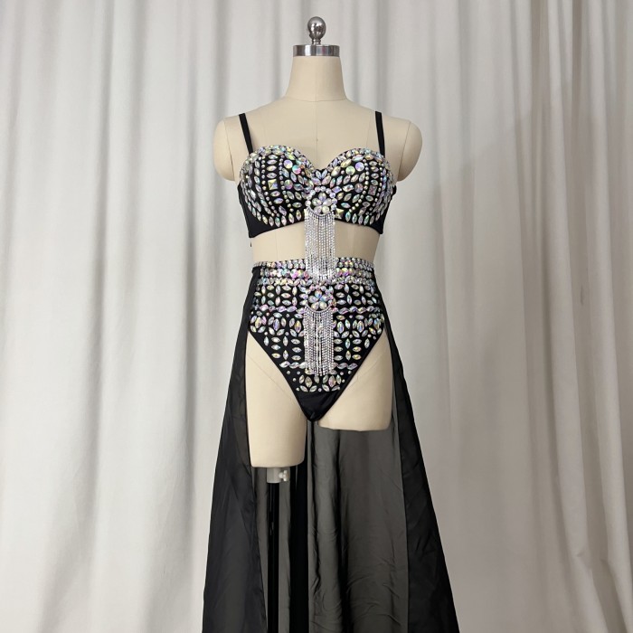Samba Carnival Performance Set Handmade Rainbow stones Costumes Bra,High Waist Bottom With Skirt 
