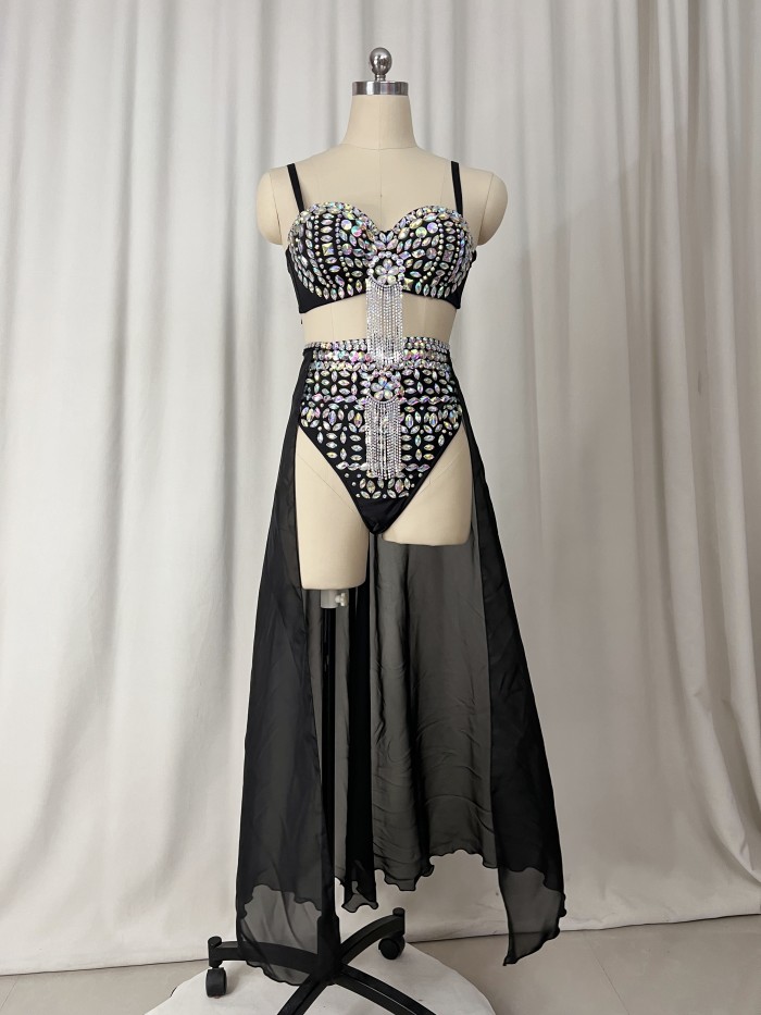 Samba Carnival Performance Set Handmade Rainbow stones Costumes Bra,High Waist Bottom With Skirt 