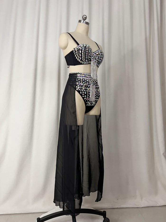 Samba Carnival Performance Set Handmade Rainbow stones Costumes Bra,High Waist Bottom With Skirt 