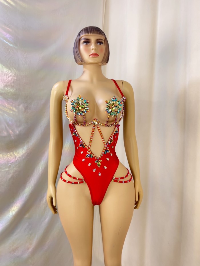 New Style Handmade Monokini Bodysuit Wire Bra With Thong Red Color For Samba Carnival