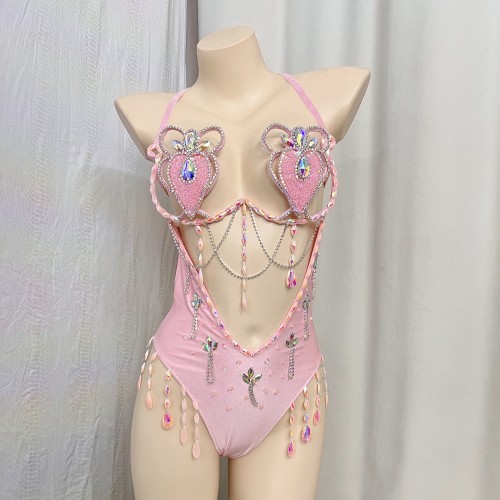 New Style Handmade Monokini Bodysuit Wire Bra With Thong Pink Color For Samba Carnival