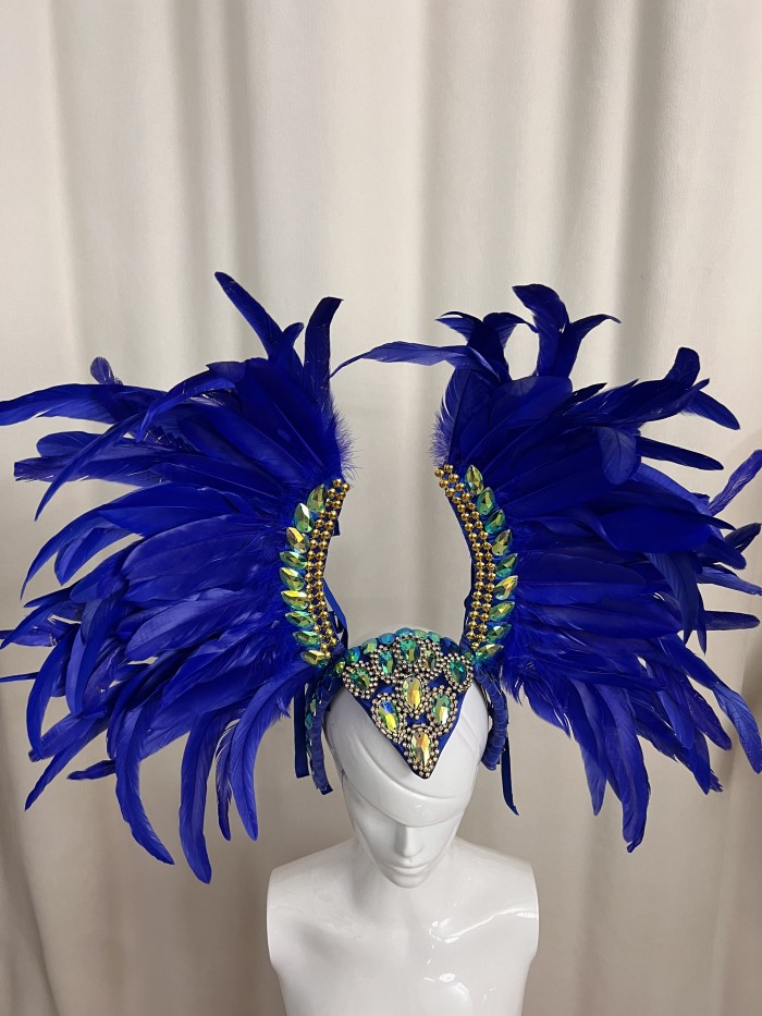 New Style Samba Carnival Feather Headpiece With Stones 3 layers feathers royal blue color