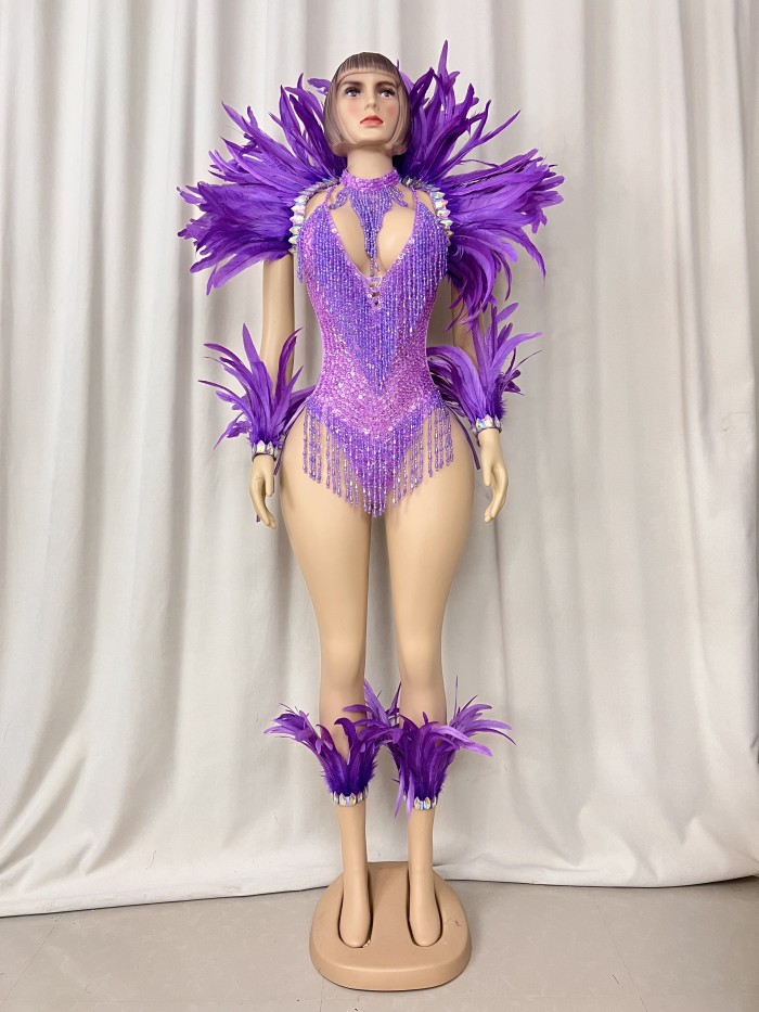 Samba Carnival Handmade Beads Bodysuit With Feather Set For Carnival Festival