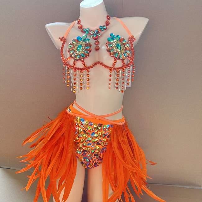 New Style Handmade Samba Carnival Wire Bra,Pants And Feather Mini Skirt With Stones For EDC Festival Rave Carnival Orange Color