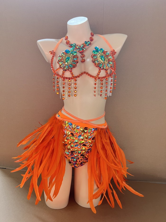 New Style Handmade Samba Carnival Wire Bra,Pants And Feather Mini Skirt With Stones For EDC Festival Rave Carnival Orange Color