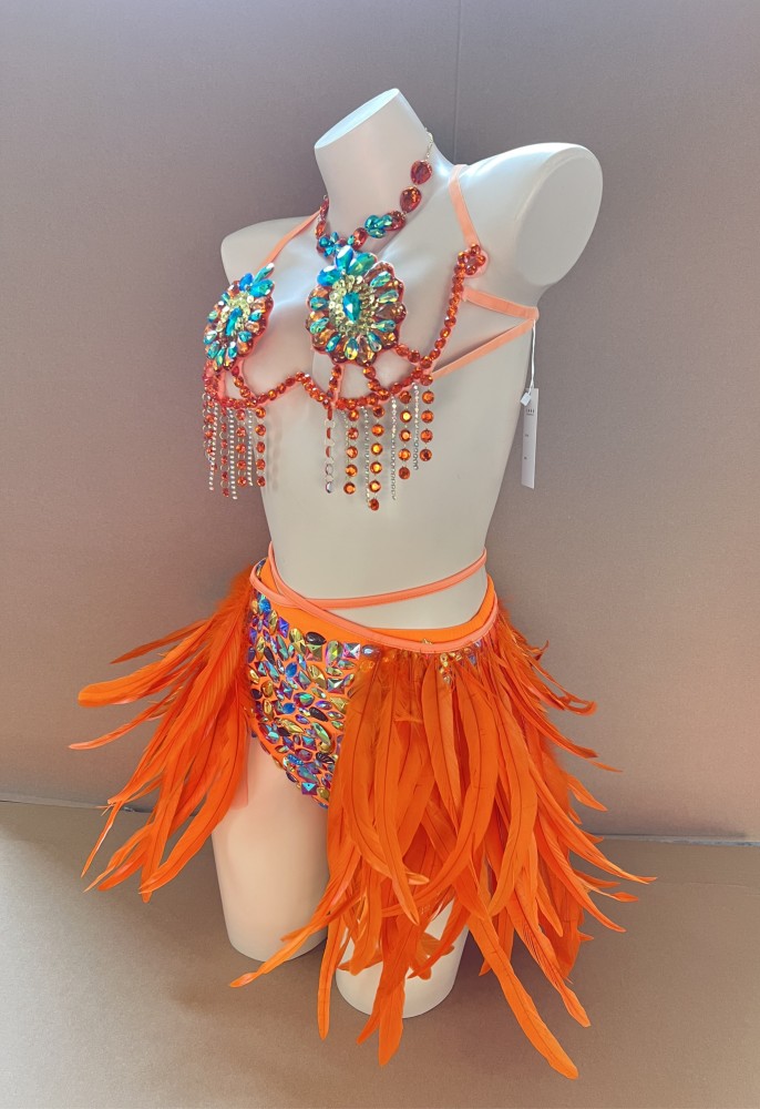 New Style Handmade Samba Carnival Wire Bra,Pants And Feather Mini Skirt With Stones For EDC Festival Rave Carnival Orange Color