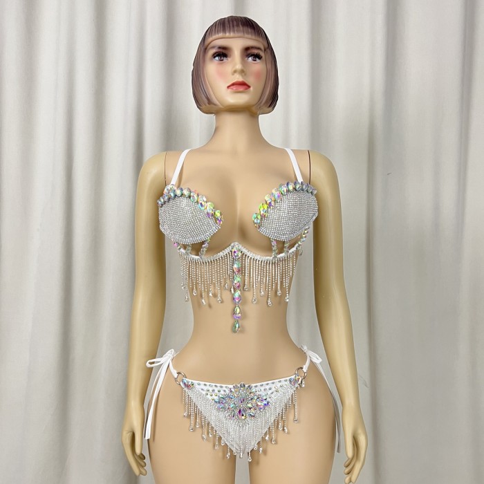New style Samba Carnival Handmade Wire Bra And Panty With Stones,Diamond Chain Sexy Costumes For EDC Outfits Silver Color