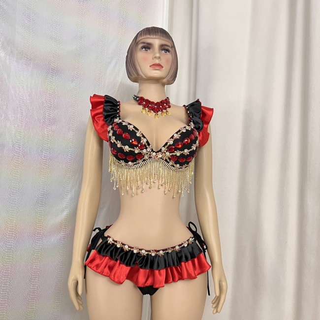 New Style Handmade Bra And Panty Alice Samba Carnival Stones And Diamond For EDC Costumes Black/ Red Color