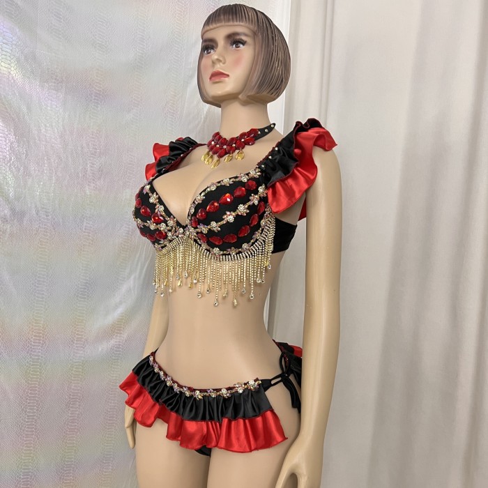 New Style Handmade Bra And Panty Alice Samba Carnival Stones And Diamond For EDC Costumes Black/ Red Color