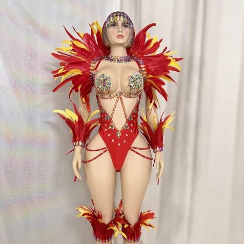 New Style Handmade Monokini Bodysuit Wire Bra With Thong Red Color With Feather Ser For Samba Carnival