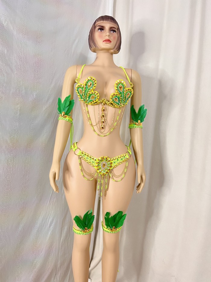 New Style Samba Carnival Costumes Handmade Wire Bra With Belt And Feather Arm,Leg For Rave Carnival