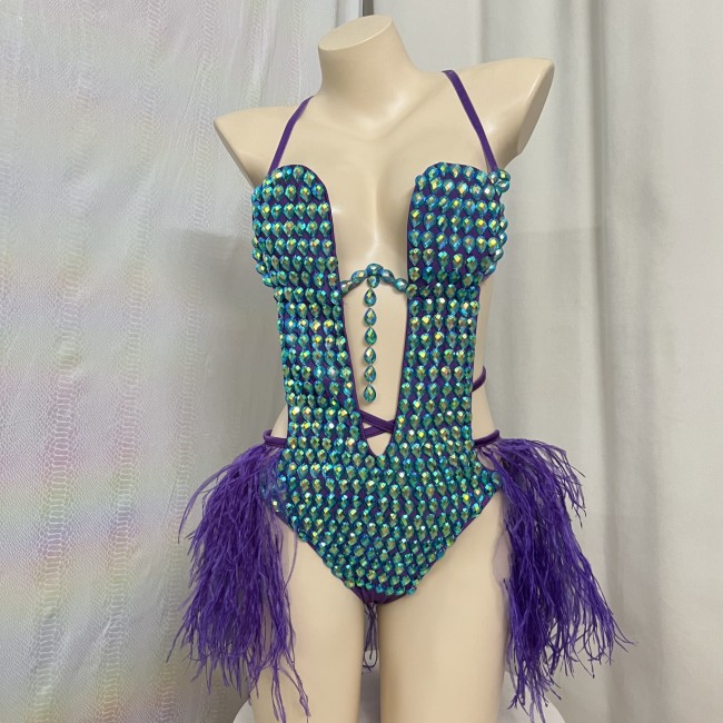 Samba Carnival Handmade Stones Bodysuit With Feather Mini Skirt For EDC Costumes 