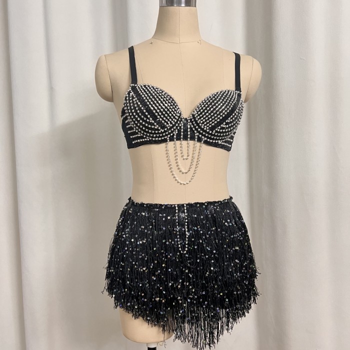 New Style Samba Carnival Handmade Belly Dance Diamond Costumes Bra,Panty And Mini Skirt 3 Piece Black Color