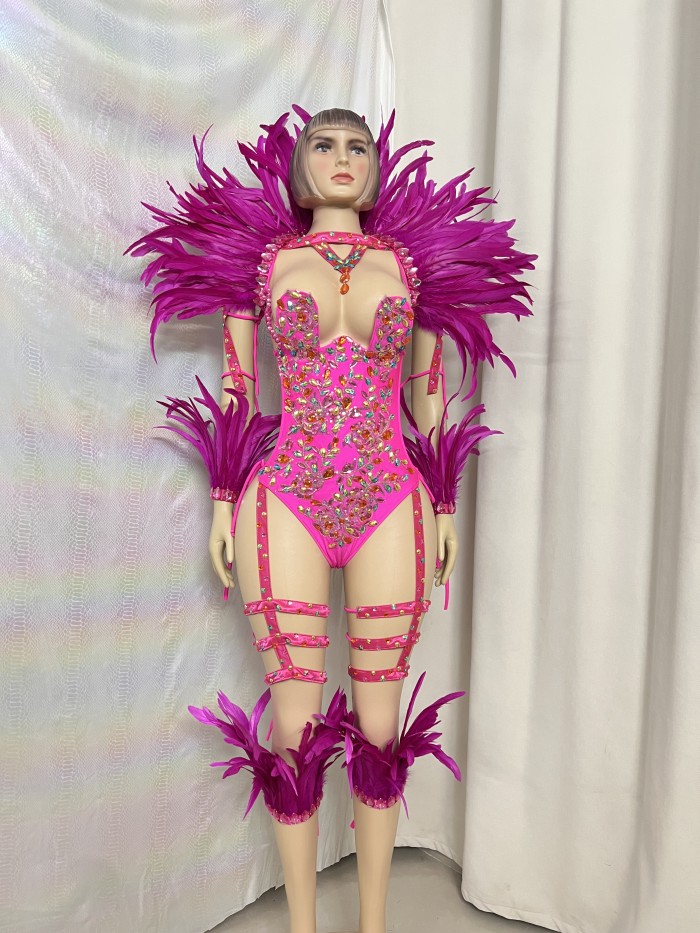 Samba Carnival Handmade Bodysuit With Feather Set And Stones Decorate For EDC Festival