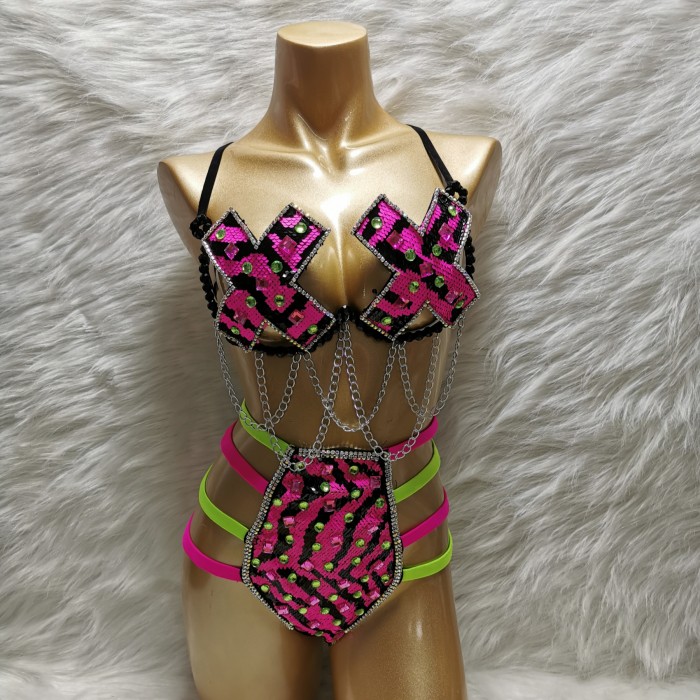 Samba Carnival Wire Bra And Panty Sequins And Stones Handmade 2 piece CB031