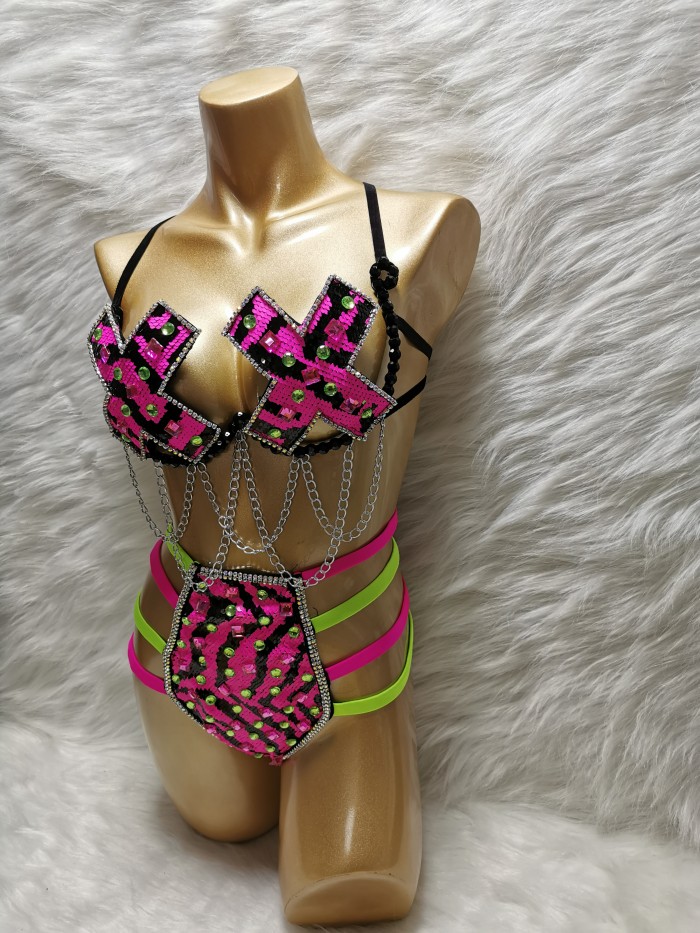 Samba Carnival Wire Bra And Panty Sequins And Stones Handmade 2 piece CB031