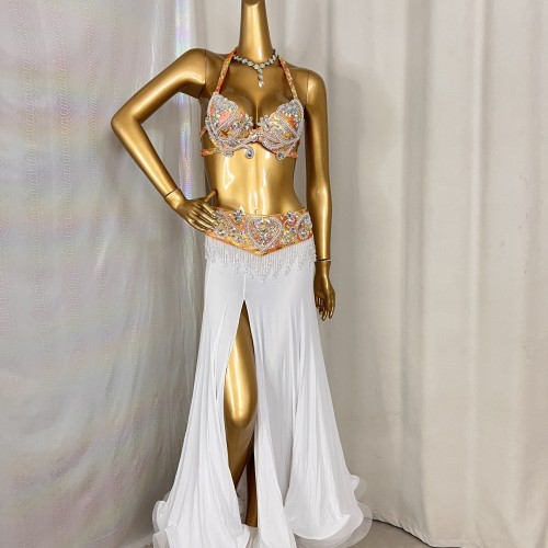 Hot Sale Professional Women belly dance costume wear for stage performance outfit 3piece suit Beaded carnival dancer costume set