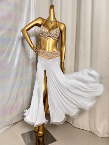 Hot Sale Professional Women belly dance costume wear for stage performance outfit 3piece suit Beaded carnival dancer costume set