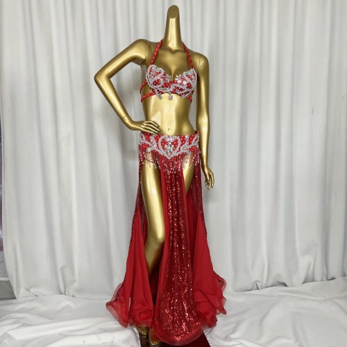 Hot Sale Professional Women belly dance costume wear for stage performance outfit 3piece suit Beaded carnival dancer costume set TF1909+SK1911