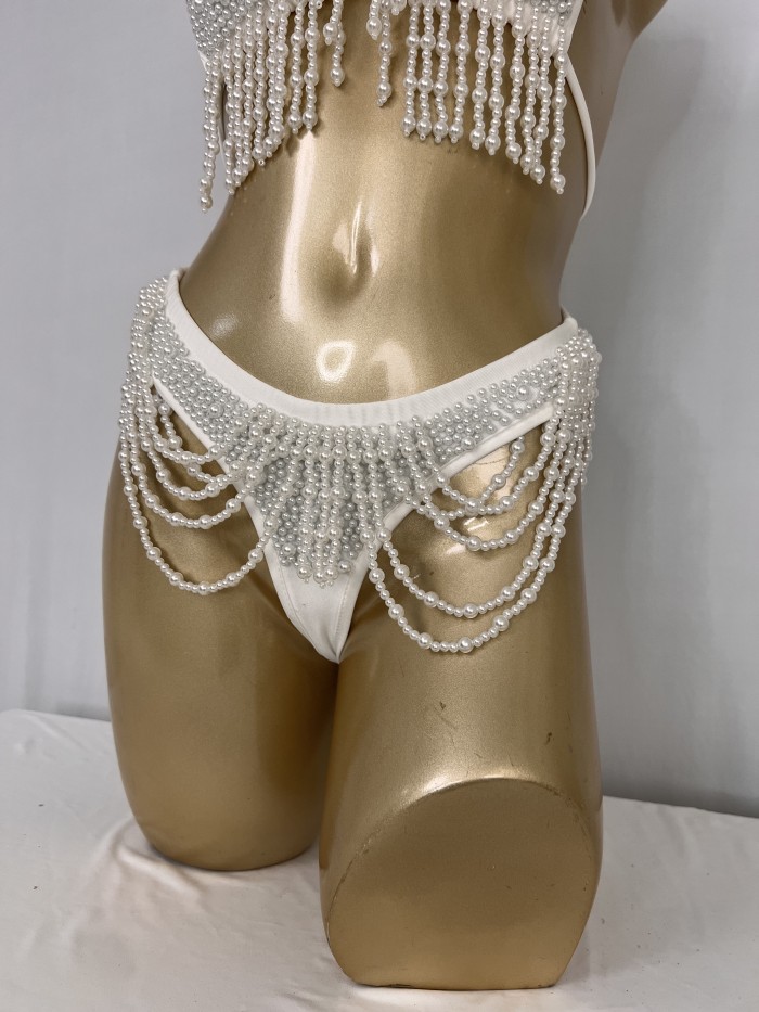 Handmade White Color Beads And Tassels Bikini With Panty For Carnival BP044
