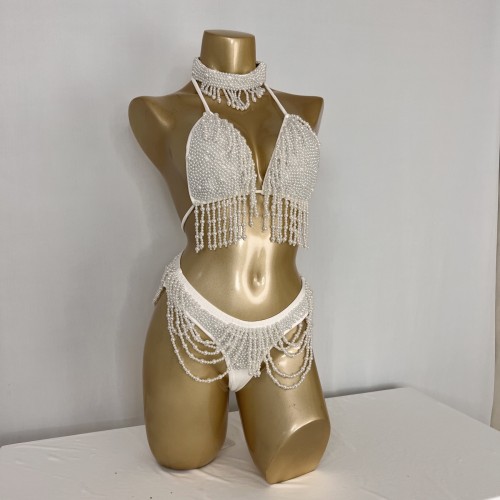 Handmade White Color Beads And Tassels Bikini With Panty For Carnival BP044