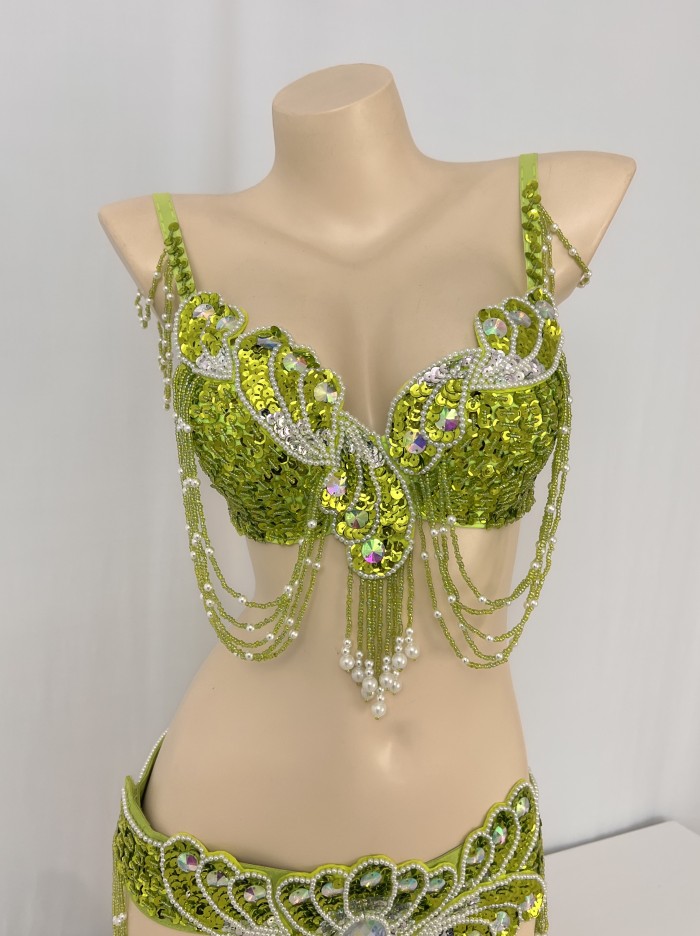 New Arrival Women's Beaded Belly Dance Costume Wear Bra+Belt 2pc Set Ladies Bellydancing Costumes Carnival Bellydance Clothes tf2054