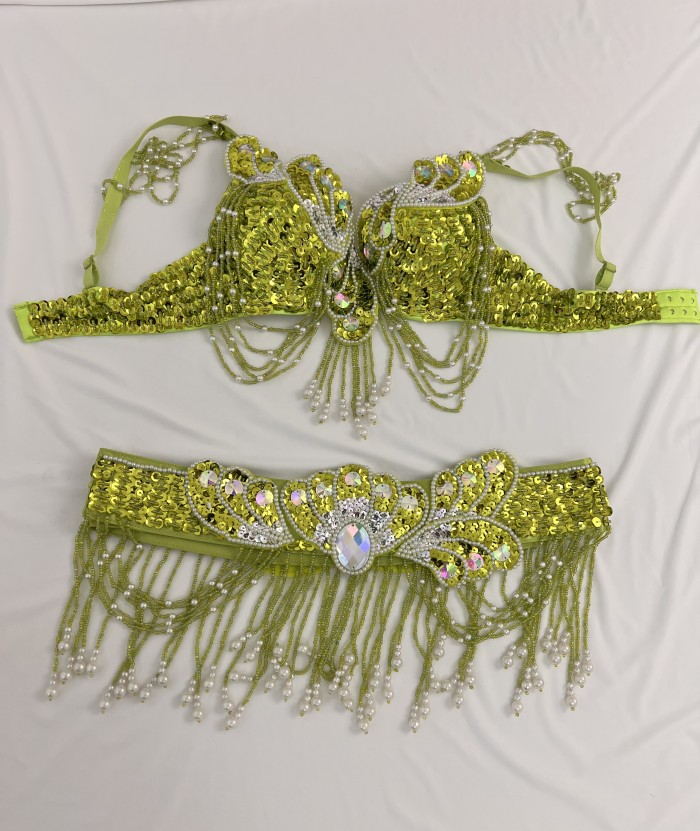 New Arrival Women's Beaded Belly Dance Costume Wear Bra+Belt 2pc Set Ladies Bellydancing Costumes Carnival Bellydance Clothes tf2054
