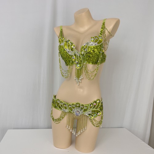 New Arrival Women's Beaded Belly Dance Costume Wear Bra+Belt 2pc Set Ladies Bellydancing Costumes Carnival Bellydance Clothes tf2054
