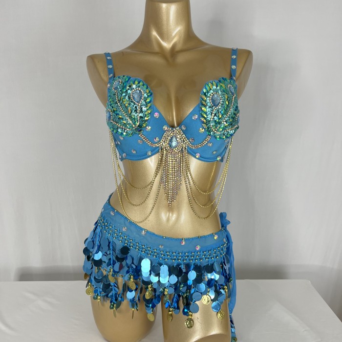 Samba Belly Dance Costume Hand Beaded  Bra and Hip Scarf Belt 2PCS/SET BB010-2+HS902