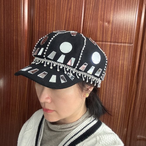 New Style Black Beret With Mirror Stones And Diamond Chain