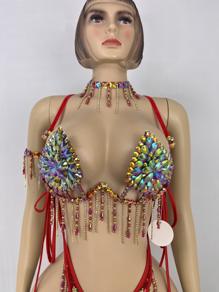 New Handmade Top Quality Samba Rio Carnival Wire Bra+Panty With Stone Sexy Belly Dancing Costume