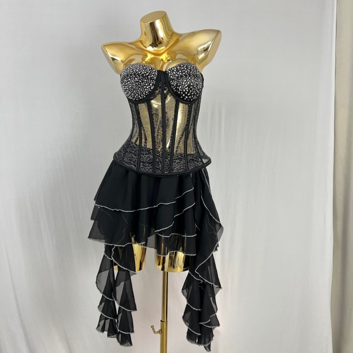 Fashionable and sexy strapless fishbone rhinestone vest top and skirt black color