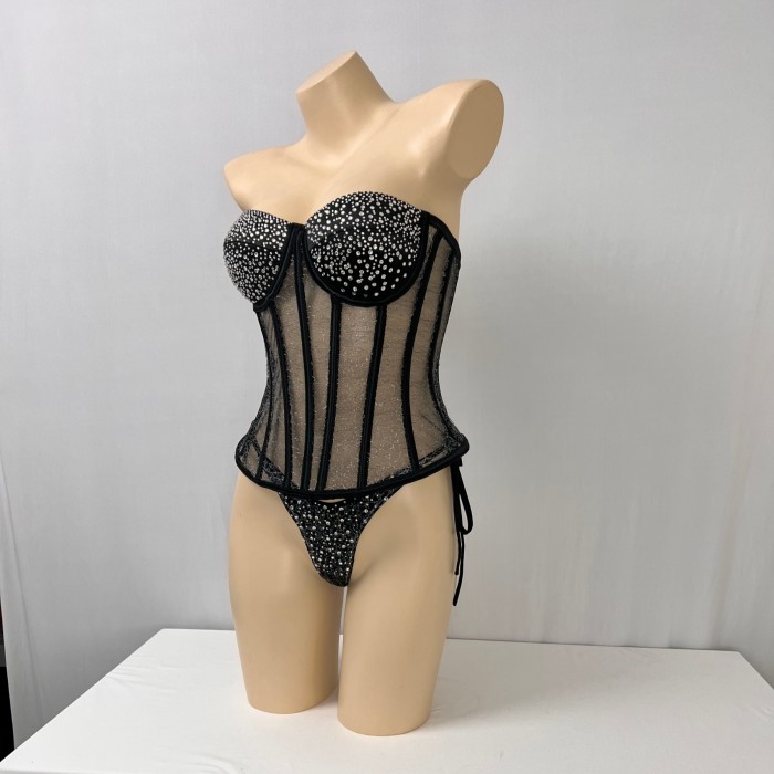 Fashionable and sexy strapless fishbone rhinestone vest top and panty black color