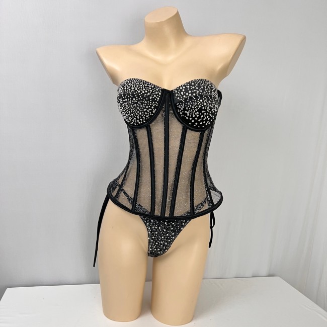 Fashionable and sexy strapless fishbone rhinestone vest top and panty black color