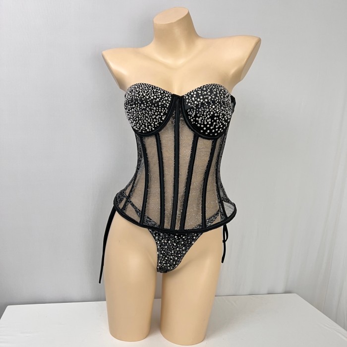 Fashionable and sexy strapless fishbone rhinestone vest top and panty black color