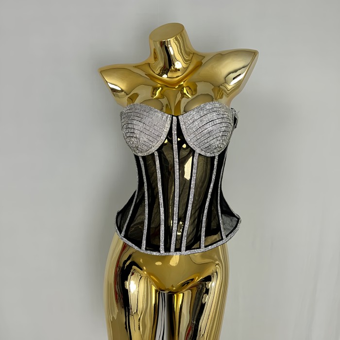 Fashionable and sexy strapless fishbone rhinestone vest top