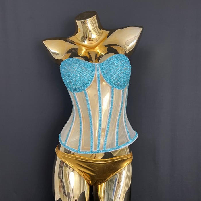 Fashionable and sexy strapless fishbone rhinestone vest top