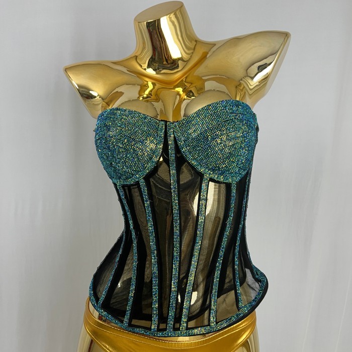 Fashionable and sexy strapless fishbone rhinestone vest top