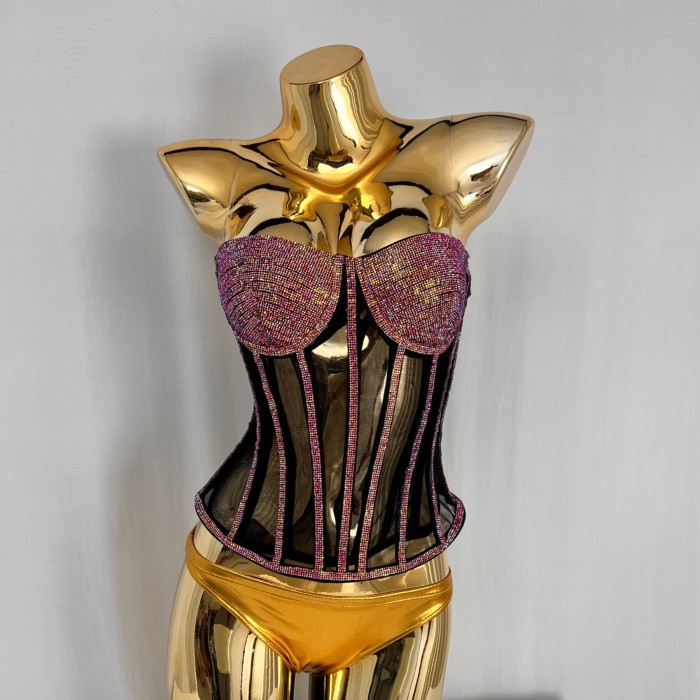 Fashionable and sexy strapless fishbone rhinestone vest top