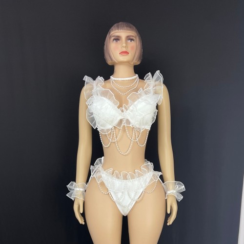 New Style Sexy White Costumes Pearl Decoration Two-piece Set