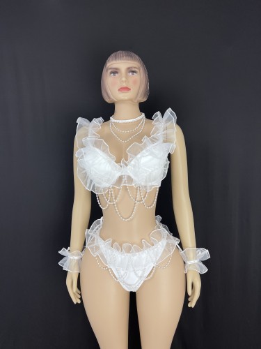 New Style Sexy White Costumes Pearl Decoration Two-piece Set