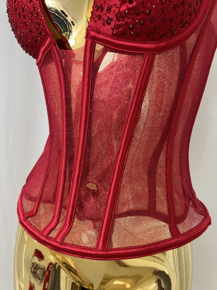 Fashionable and sexy strapless fishbone rhinestone vest top