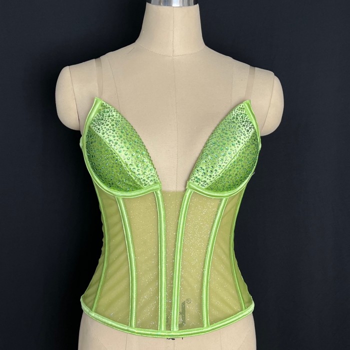 Fashionable and sexy strapless fishbone rhinestone vest top